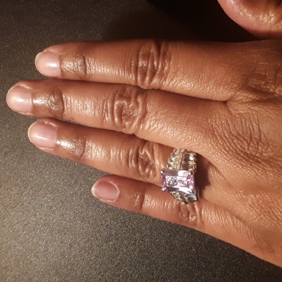 Vintage Lavender Glass Stone & Clear Cubic Zirconia Stones Silver Tone Ring, 9 - Picture 4 of 10